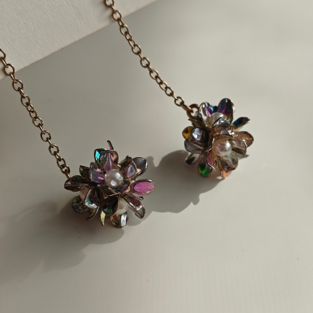 Dangle Earrings Nuance by Korea Gold Tone Iridescent Flower Pearl Drop NEW - Picture 2 of 5